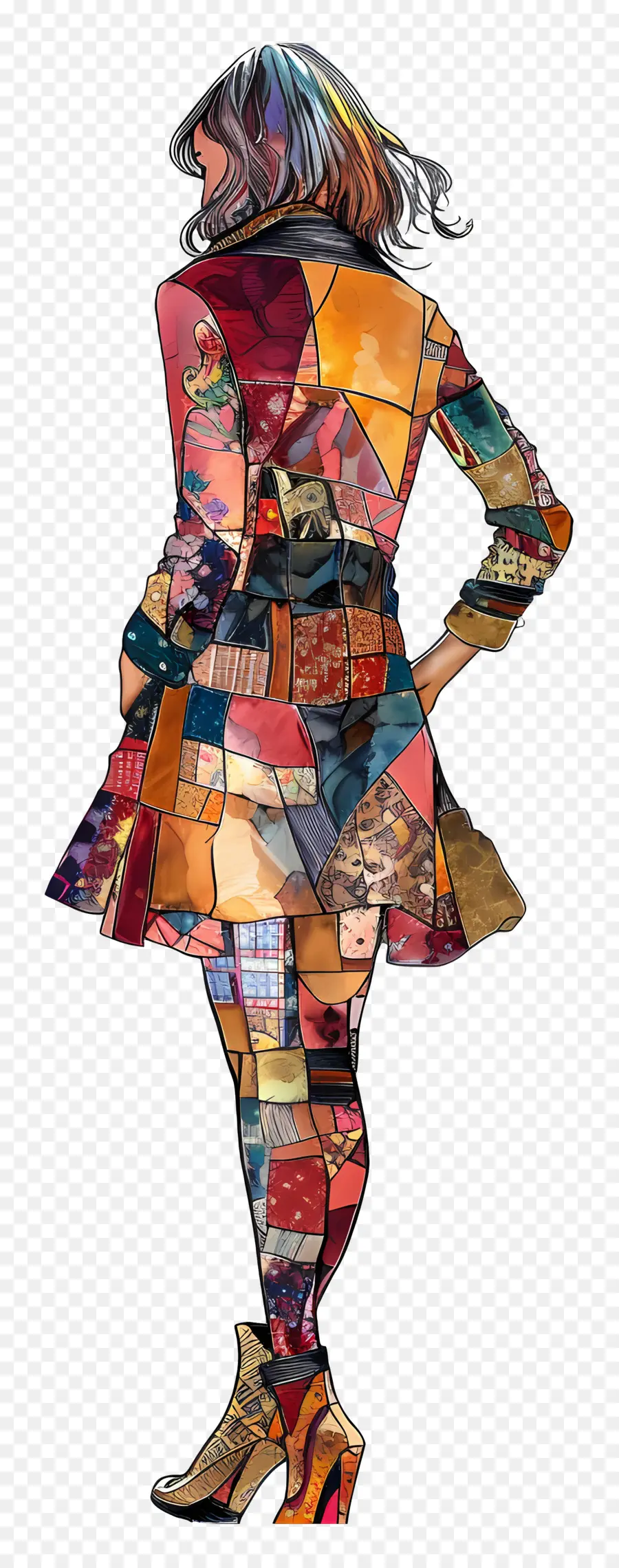 Mulher Da Moda，Vestido Patchwork PNG