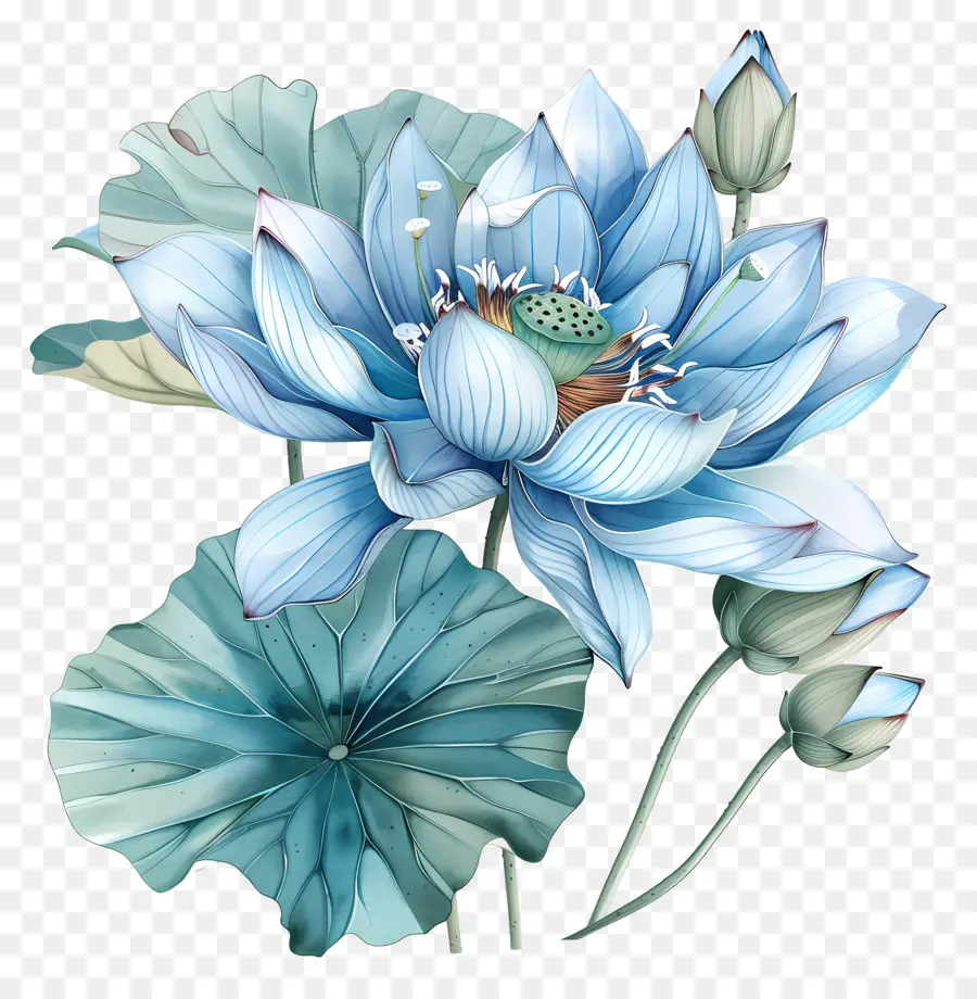 Flor Azul De Lótus，Pintura Em Aquarela PNG