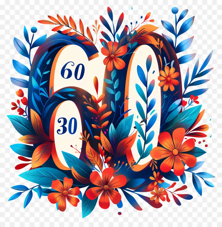 Número 60，Azul, Desenho Floral PNG