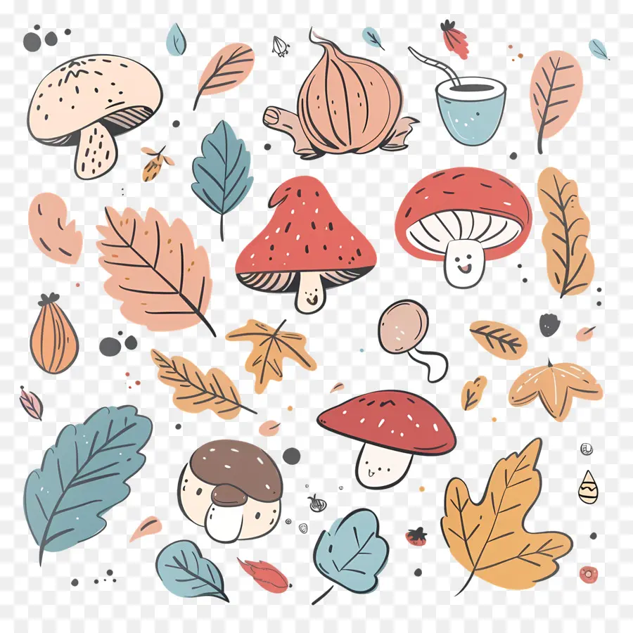 Doodle Autumn，Cogumelos PNG