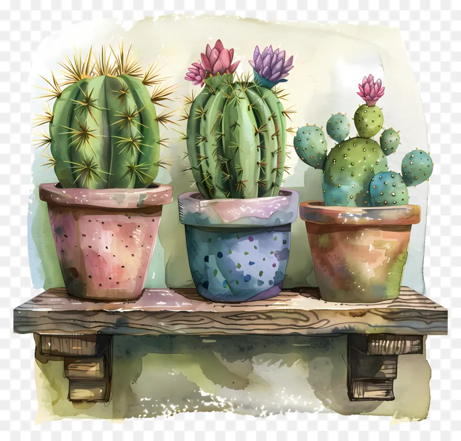 Cactos Em Vasos，Pintura Em Aquarela PNG