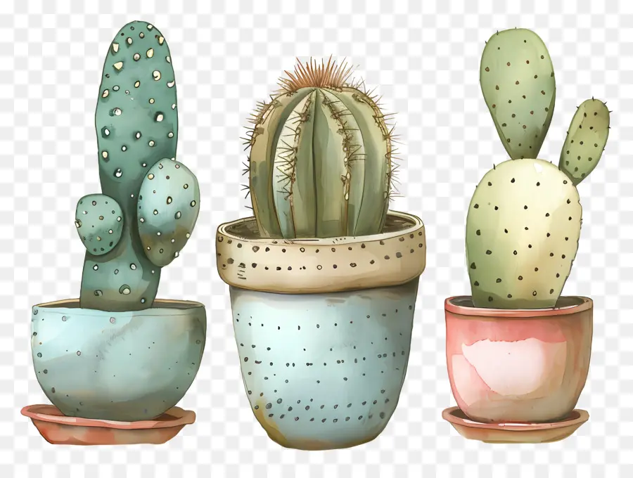 Cactos Em Vasos，Pintura Em Aquarela PNG