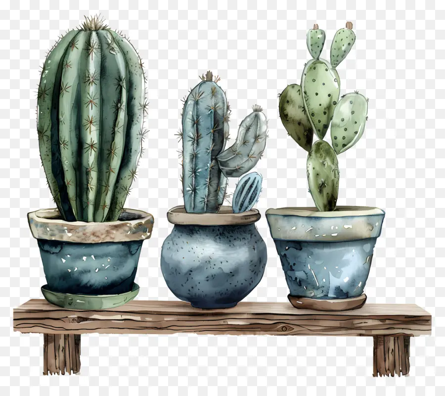 Cactos Em Vasos，Pintura Em Aquarela PNG