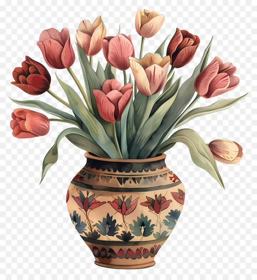 Vaso Com Tulipas，Tulipas Cor De Rosa PNG