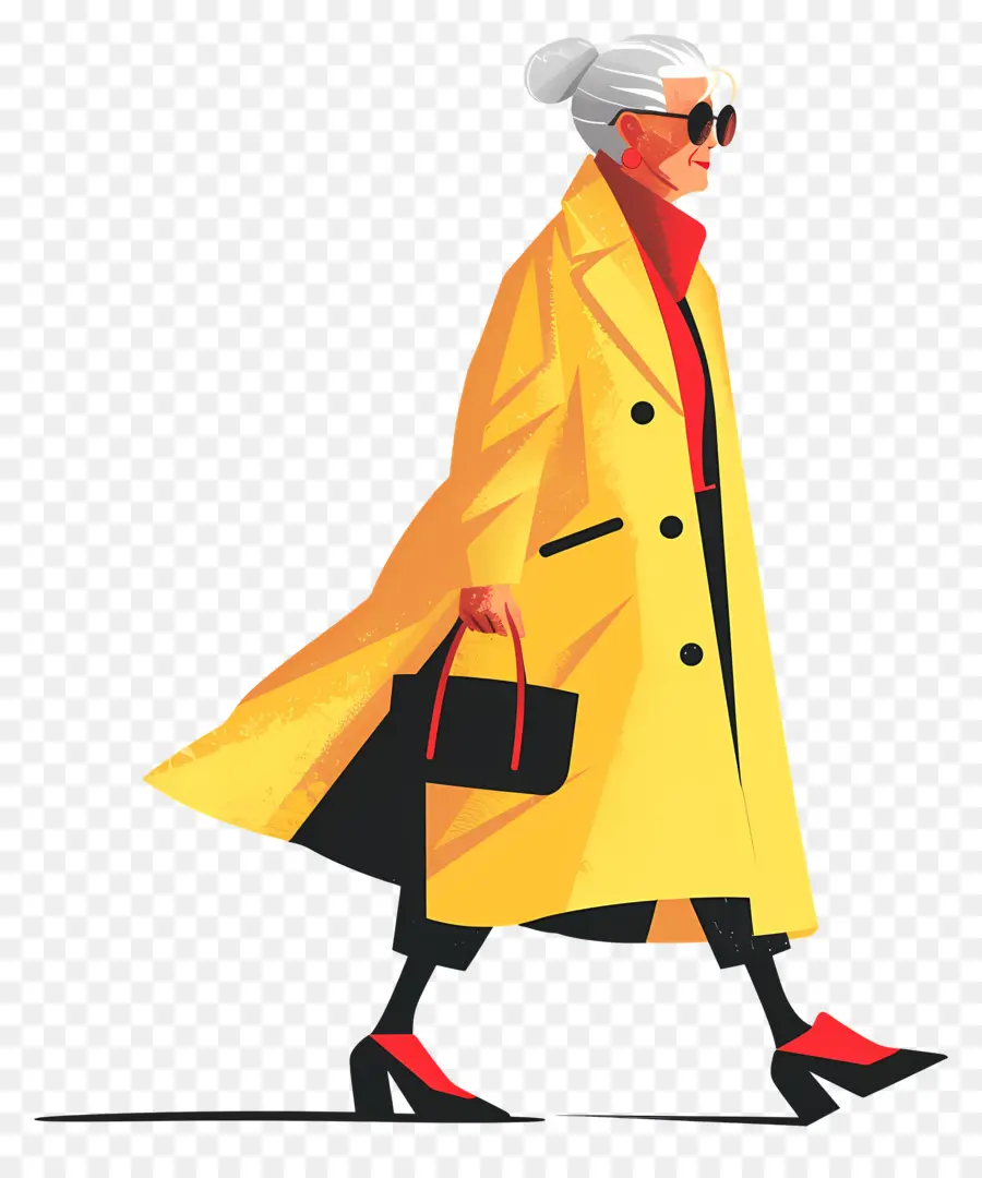 Mulher Velha Andando，Casaco Amarelo PNG