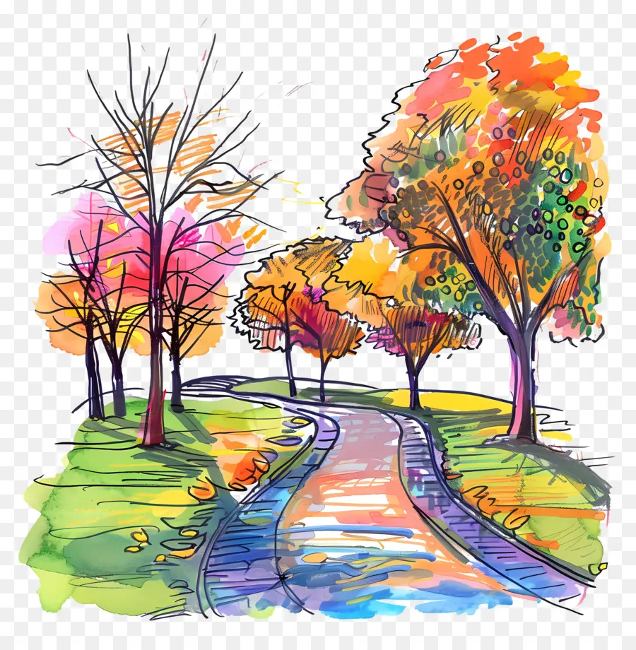 Parque Caminho，Pintura Em Aquarela PNG