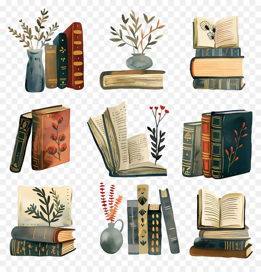 Livros，Flores PNG