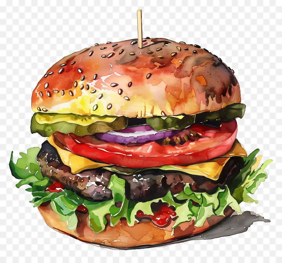 Hamburger，Pintura Em Aquarela PNG