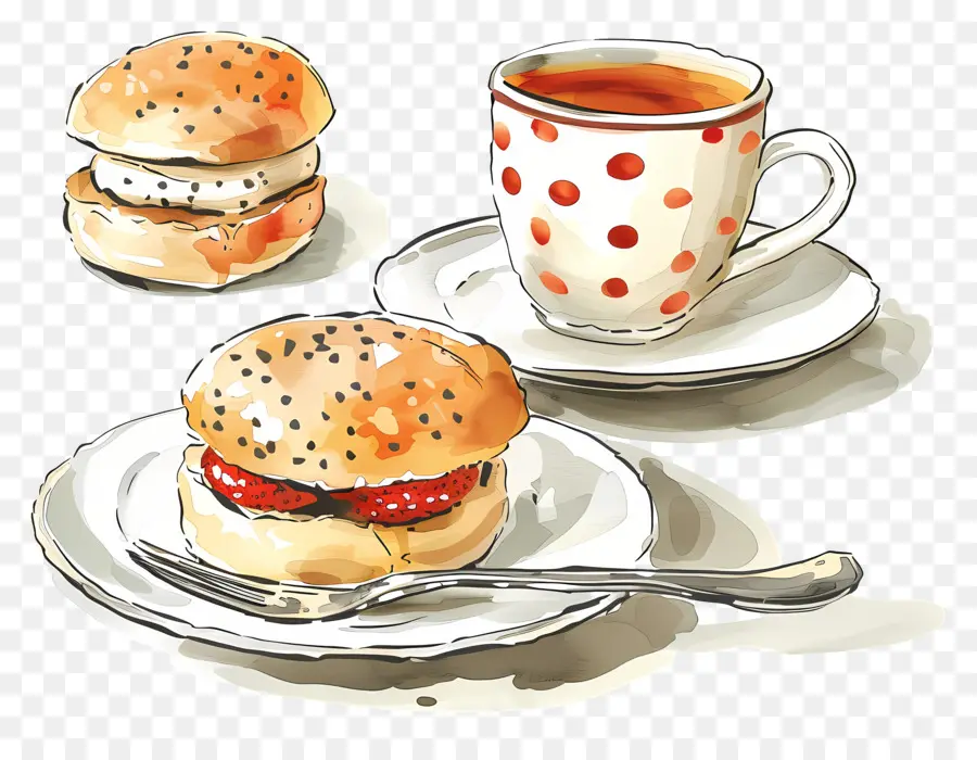 Chá E Pães，Desenho Em Aquarela PNG