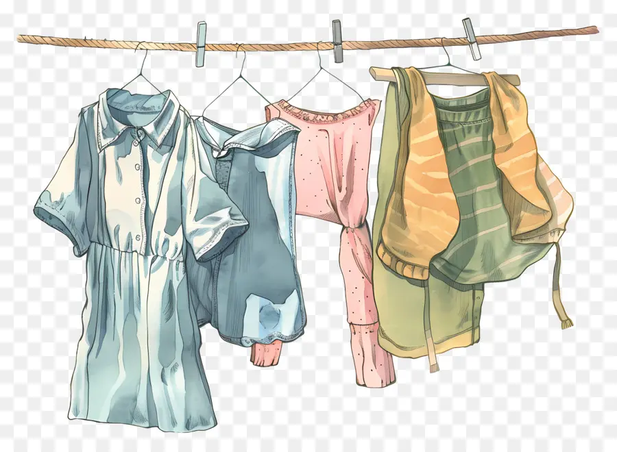 Roupas Penduradas No Varal，Desenho Em Aquarela PNG