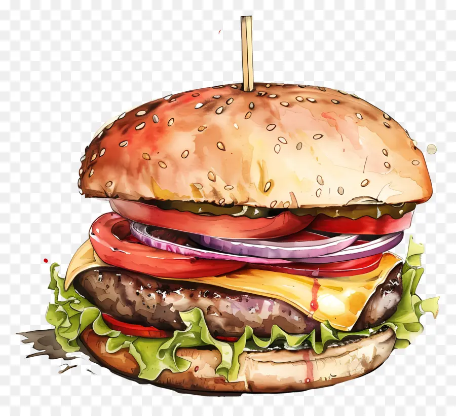 Hamburger，Ilustração Em Aquarela PNG