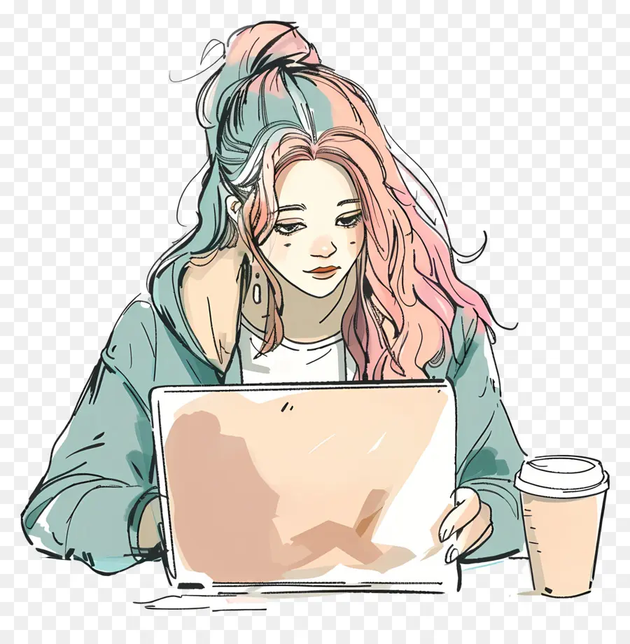 Mulher Trabalhando No Laptop，Mulher Com Cabelo Rosa PNG