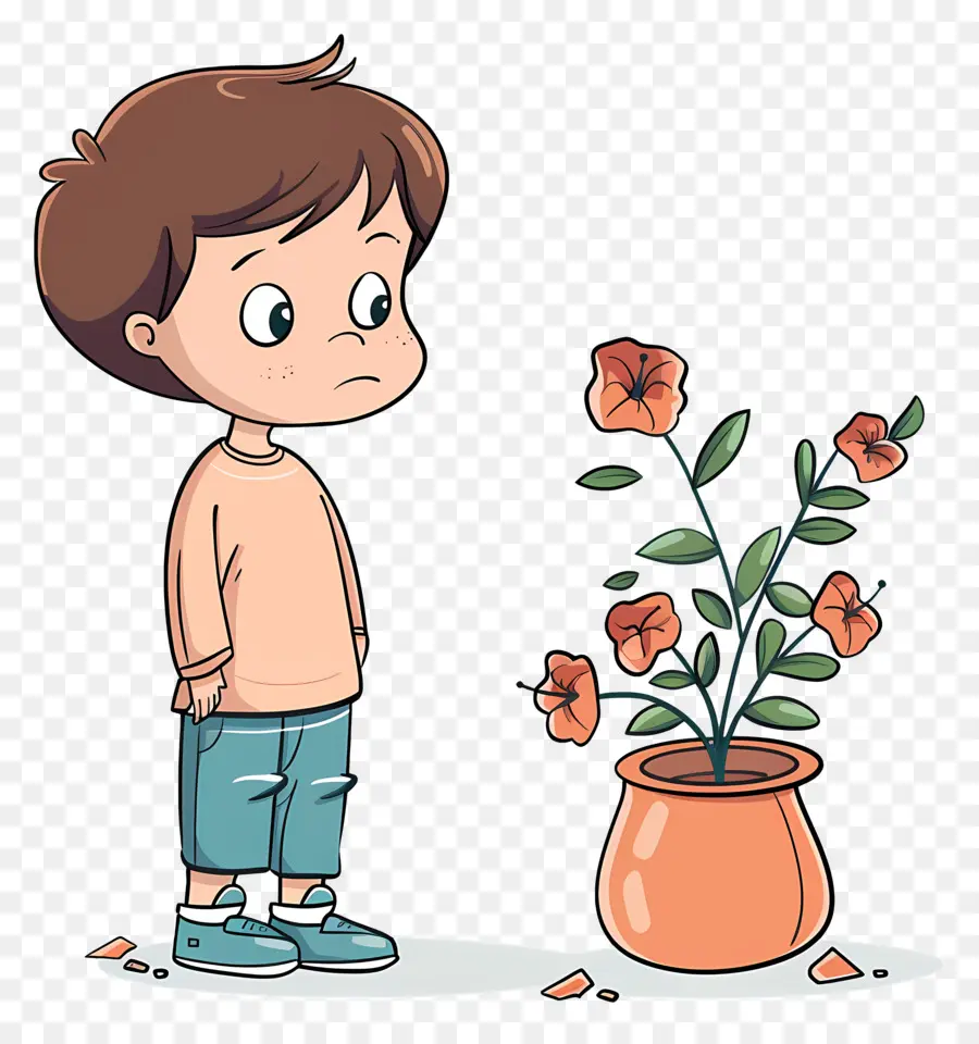 Menino Preocupado，O Vaso De Flor PNG