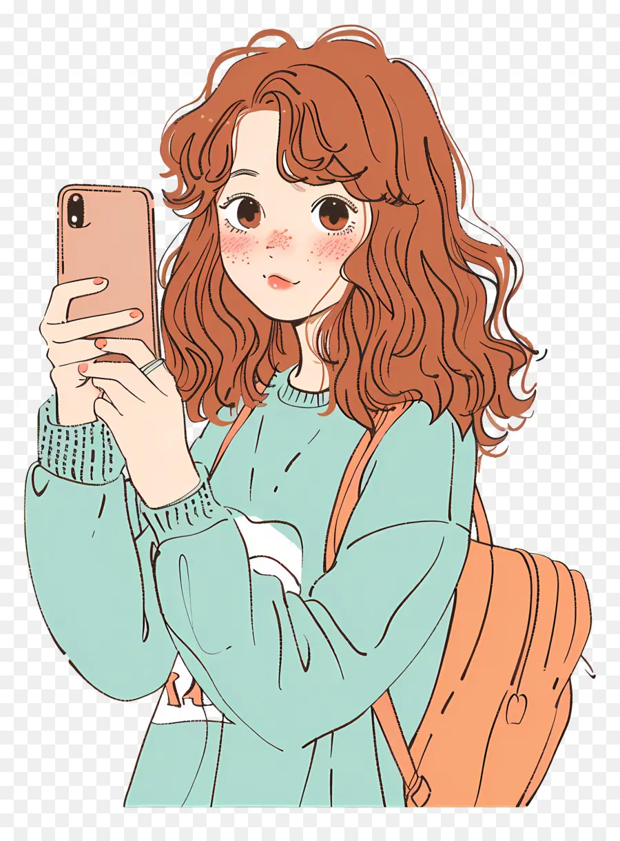 Menina Tirando Selfie，Cabelo Vermelho PNG