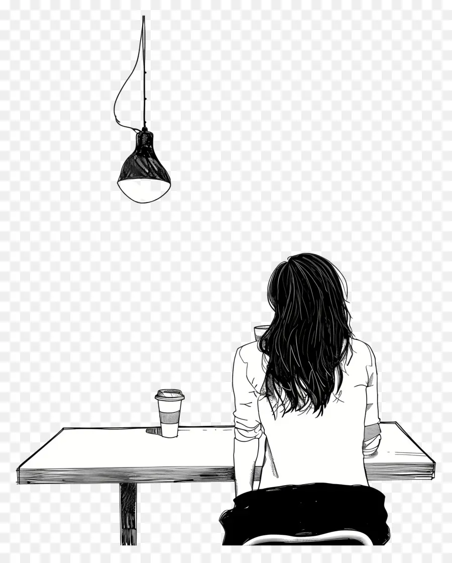 Mulher Esperando No Café，Desenho A Preto E Branco PNG