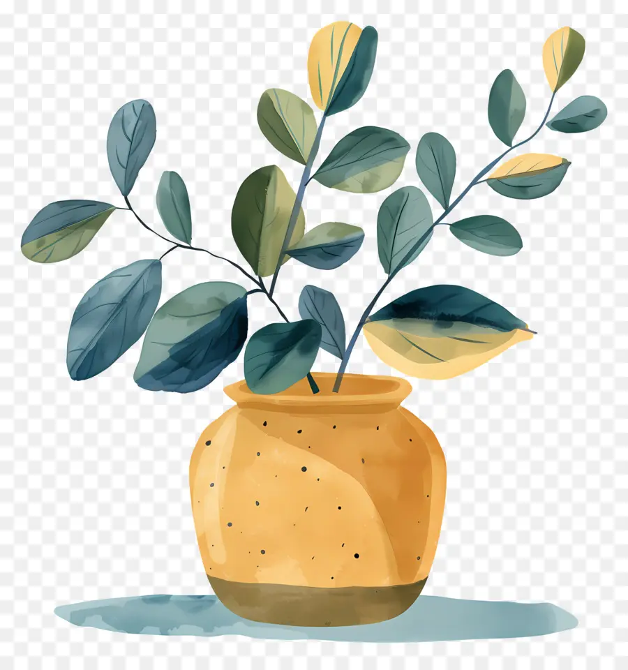 Vaso Amarelo Com Planta Verde，Pote PNG