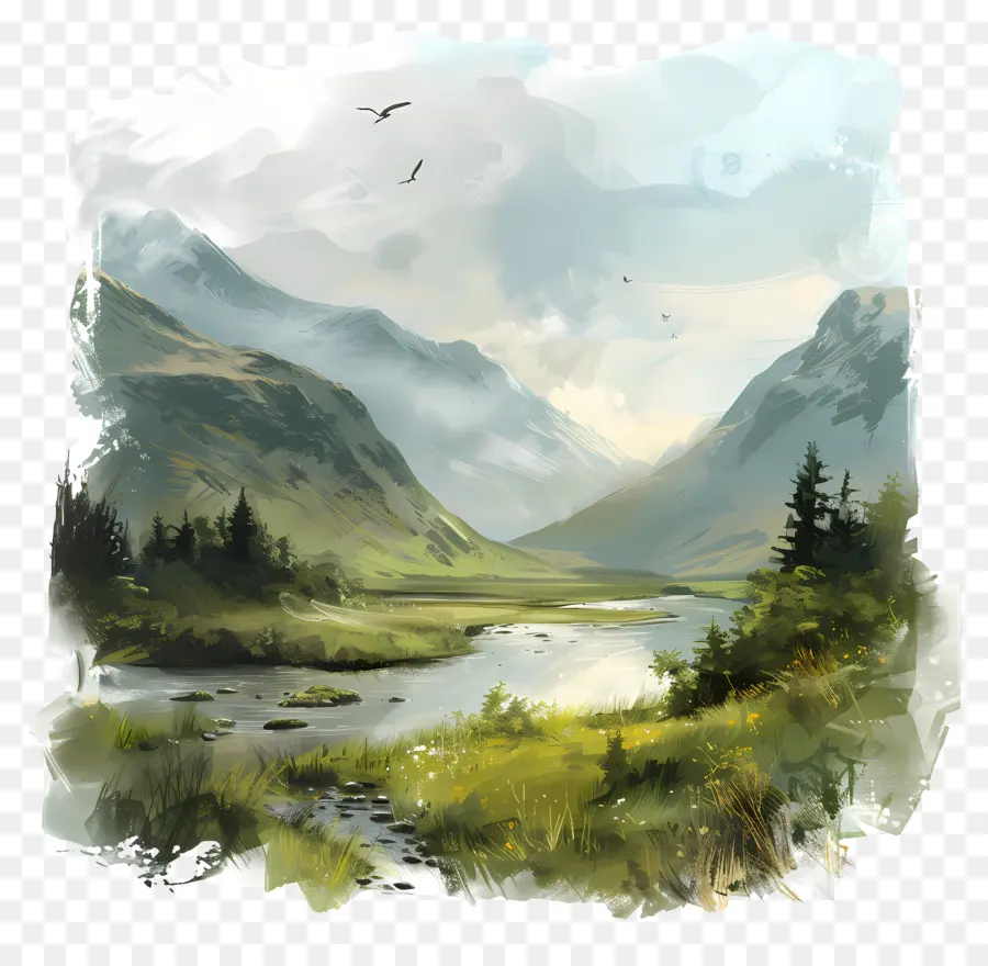 Paisagem Das Montanhas，Pintura Digital PNG