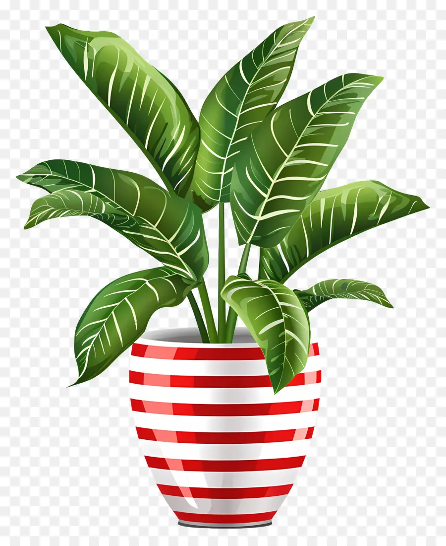 Planta Tropical，Vaso Listrado Vermelho E Branco PNG