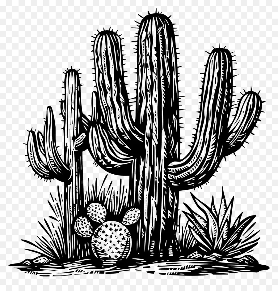 Linocut Cacti，Cactos PNG