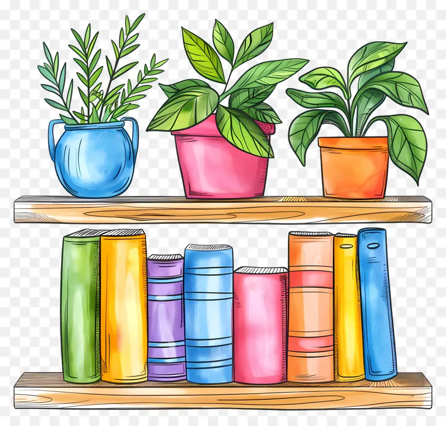 Móveis De Prateleira，Livros E Plantas PNG