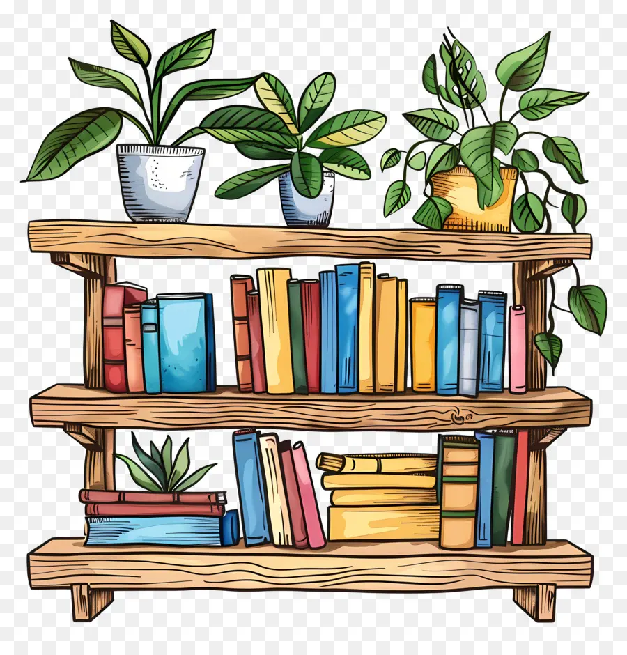 Móveis De Prateleira，Livros E Plantas PNG