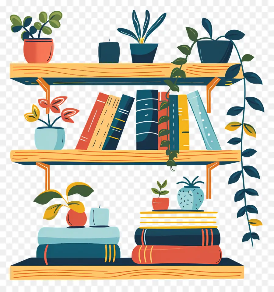 Móveis De Prateleira，Livros E Plantas PNG