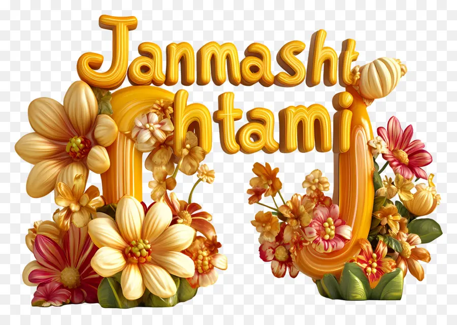 Janmashtami，Texto Janmashtami Com Flores PNG