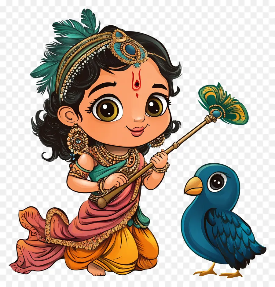 Janmashtami，Menina Com Pássaro PNG