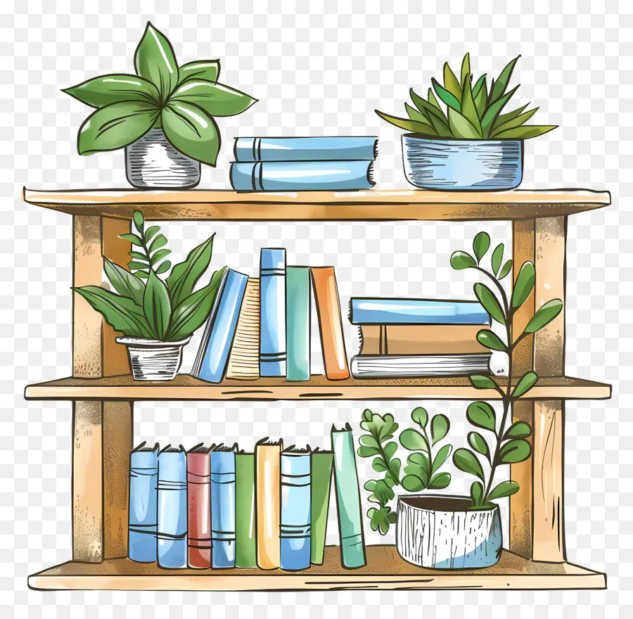 Móveis De Prateleira，Livros E Plantas PNG