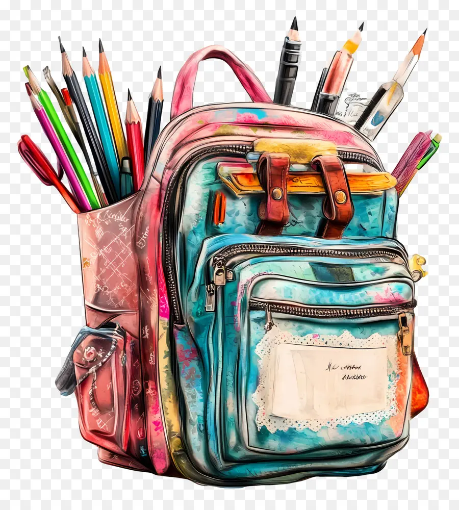 De Volta à Escola，Mochila Com Artigos De Papelaria PNG