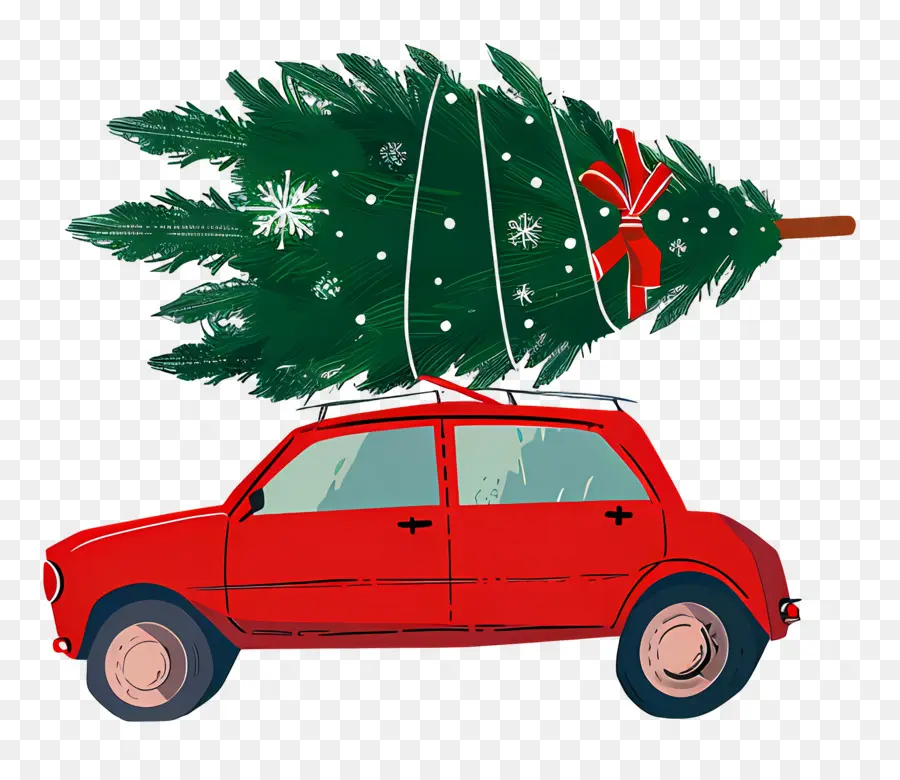 Árvore De Natal No Carro，Carro Vermelho PNG