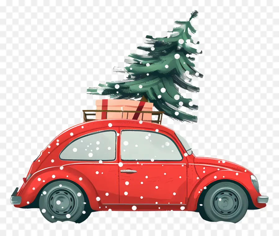 Árvore De Natal No Carro，Carro Vermelho PNG