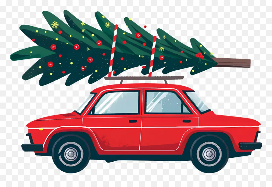 Árvore De Natal No Carro，Carro Vermelho Com árvore De Natal PNG