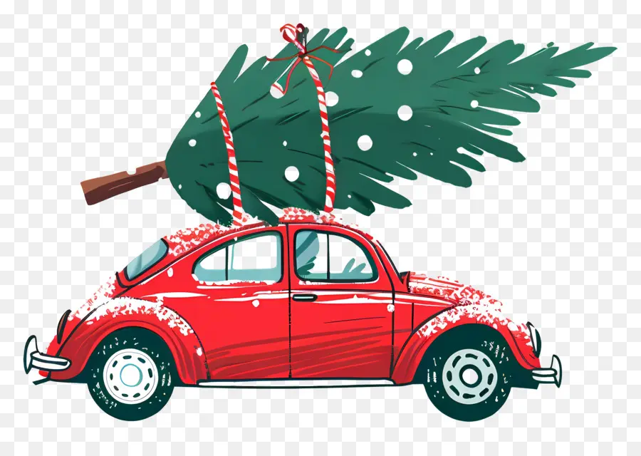 Árvore De Natal No Carro，Carro Vermelho PNG