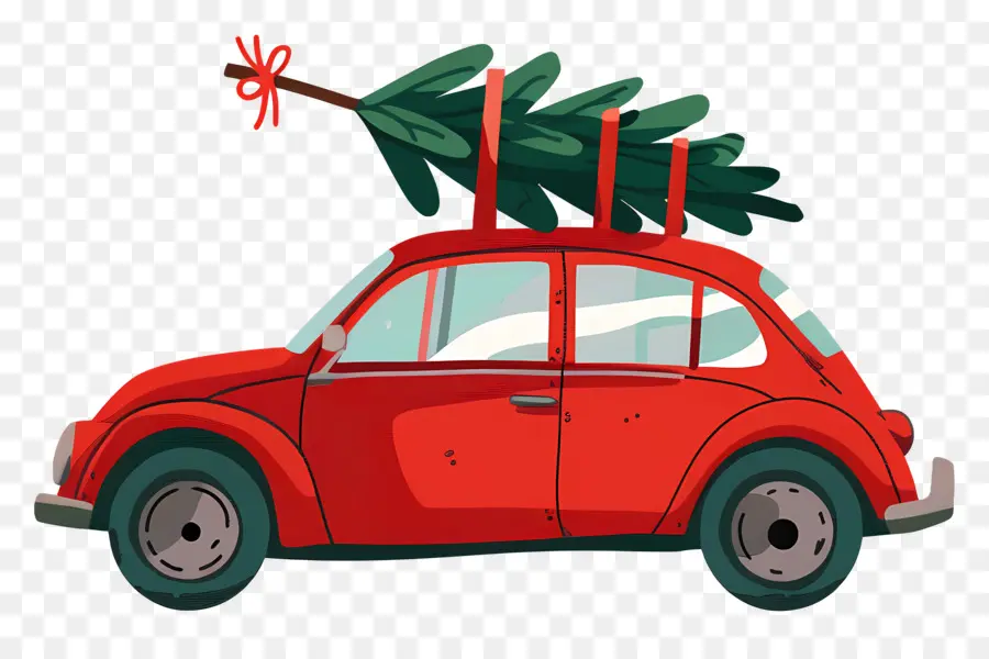 Árvore De Natal No Carro，Carro Vermelho PNG