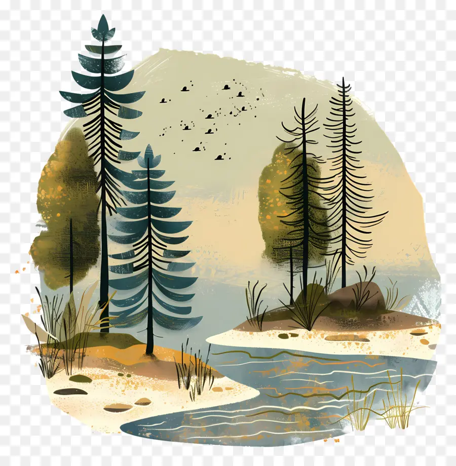 Lago，Ilustra O De Floresta PNG