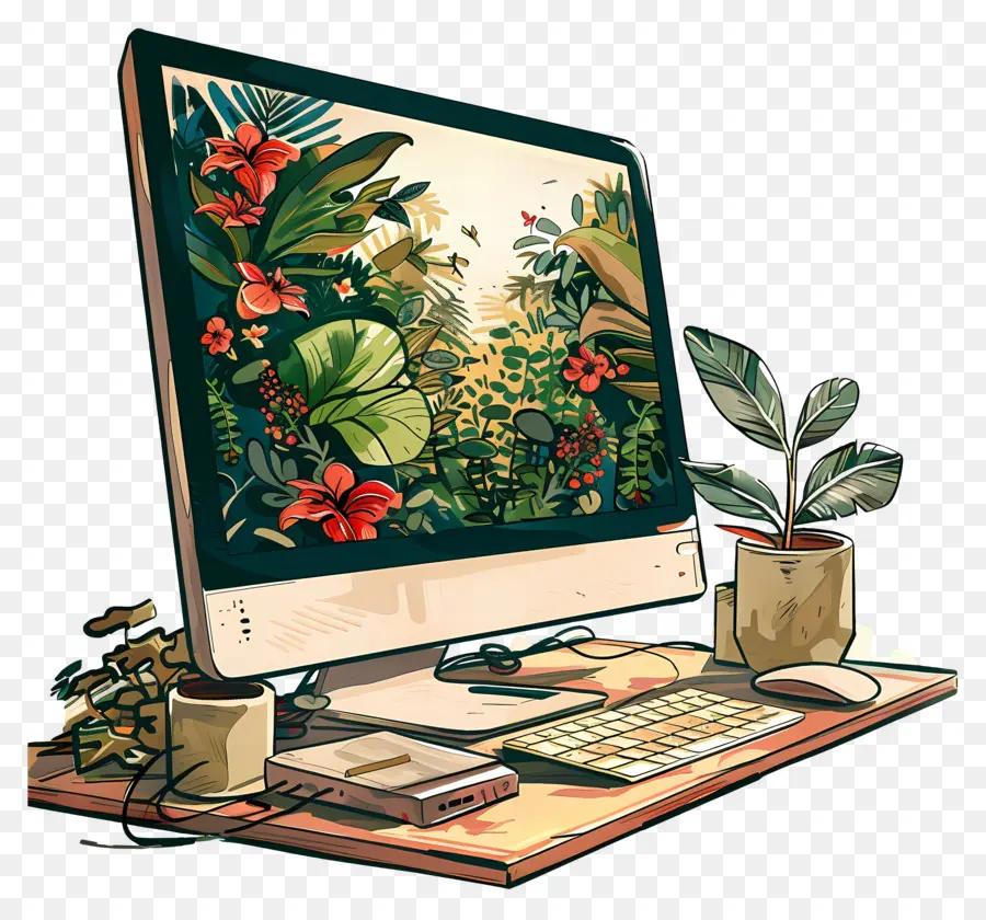 Monitor De Computador，Computador Com Plantas PNG