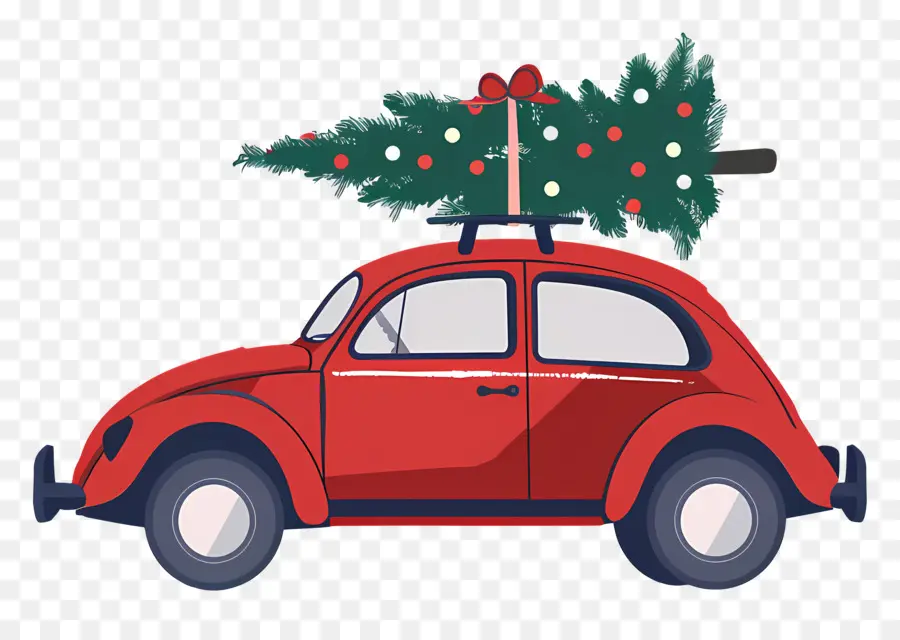 Árvore De Natal No Carro，Carro Vermelho PNG