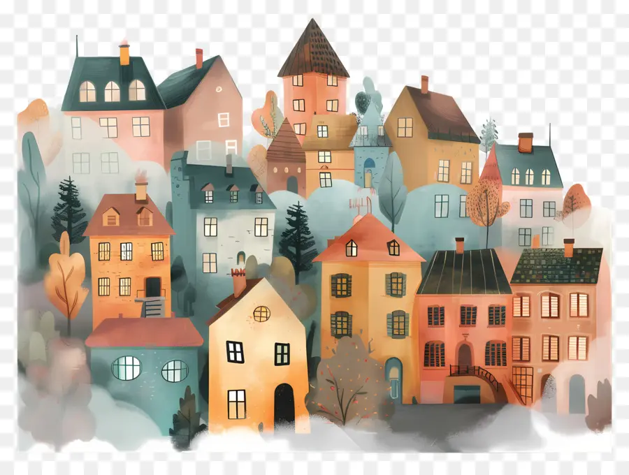 Cidade Enevoada De Manhã，Cheia Fofa Doodle PNG