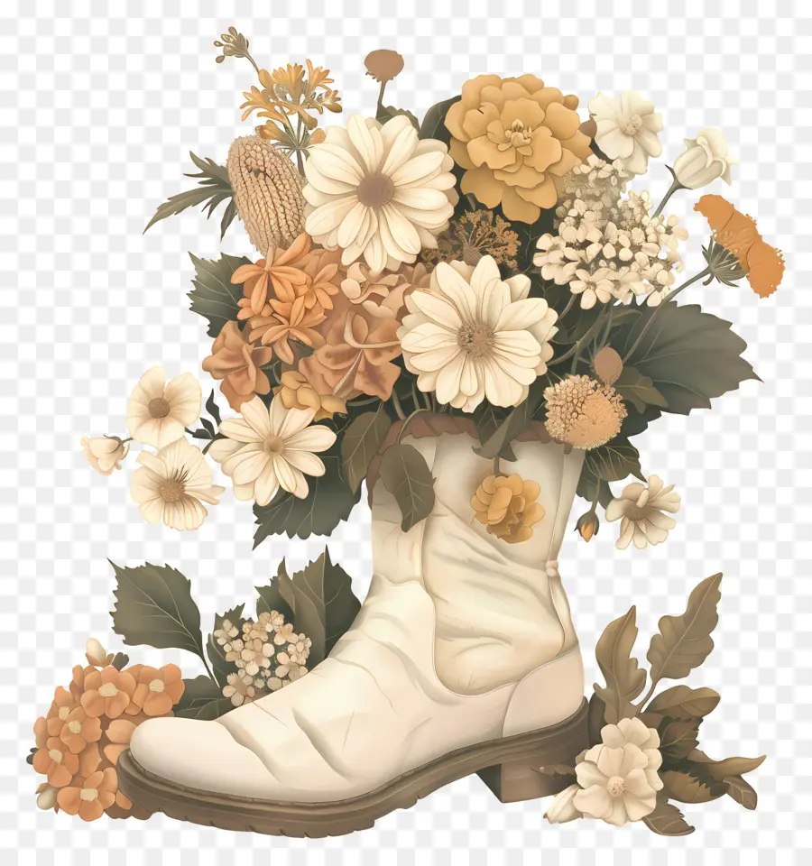 Flores Na Bota，Bota Branca Com Flores PNG