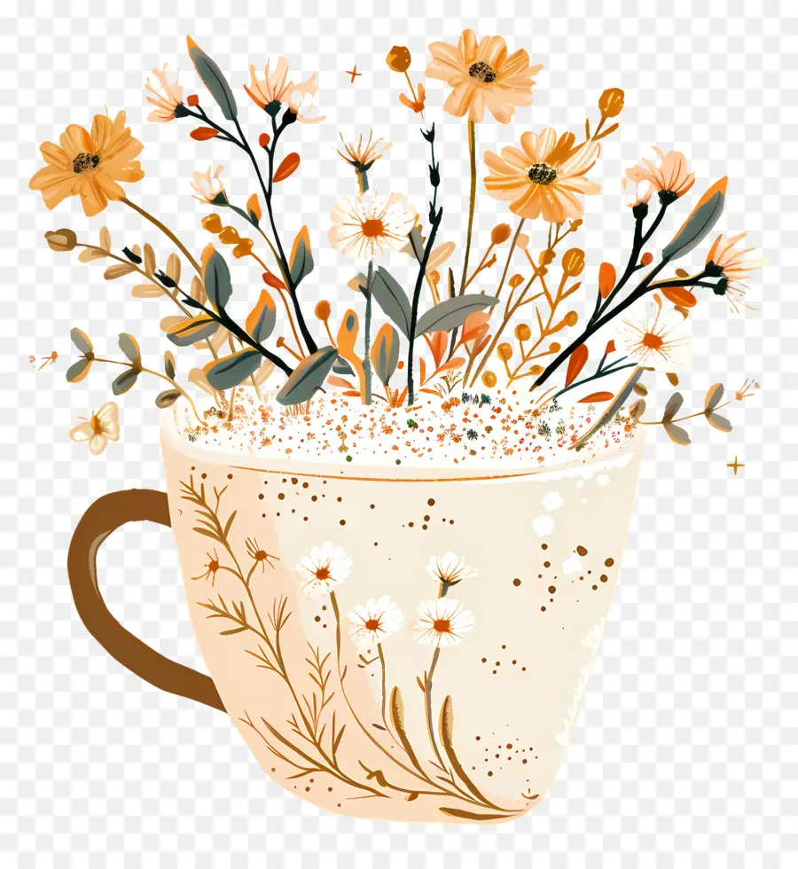 Café Cremoso，Xícara Com Flores PNG