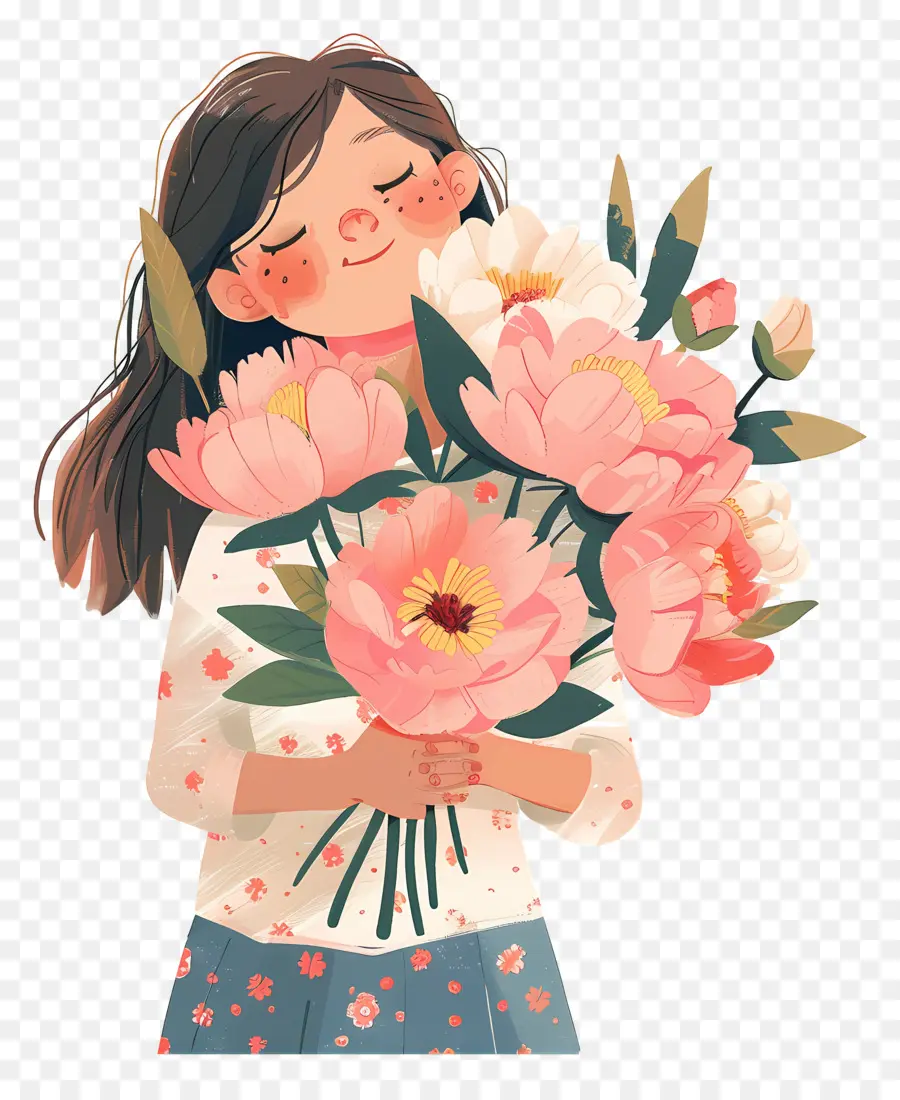 Menina Segurando O Buquê，Menina Com Flores PNG