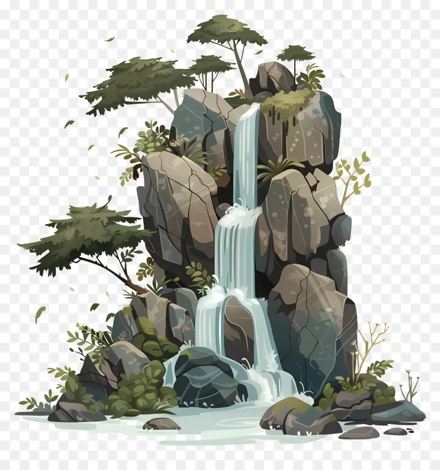 Floresta Com Cascata，Ilustração Em Cascata PNG