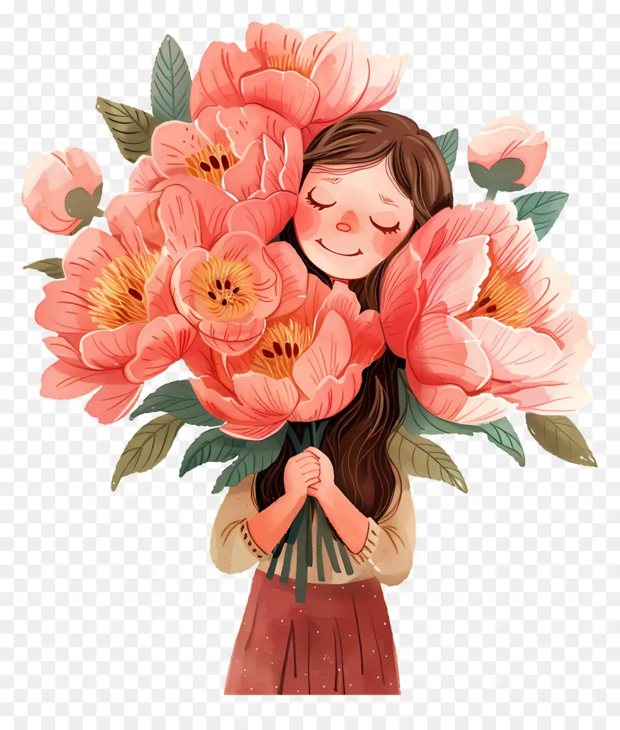 Menina Segurando O Buquê，Menina Com Flores PNG