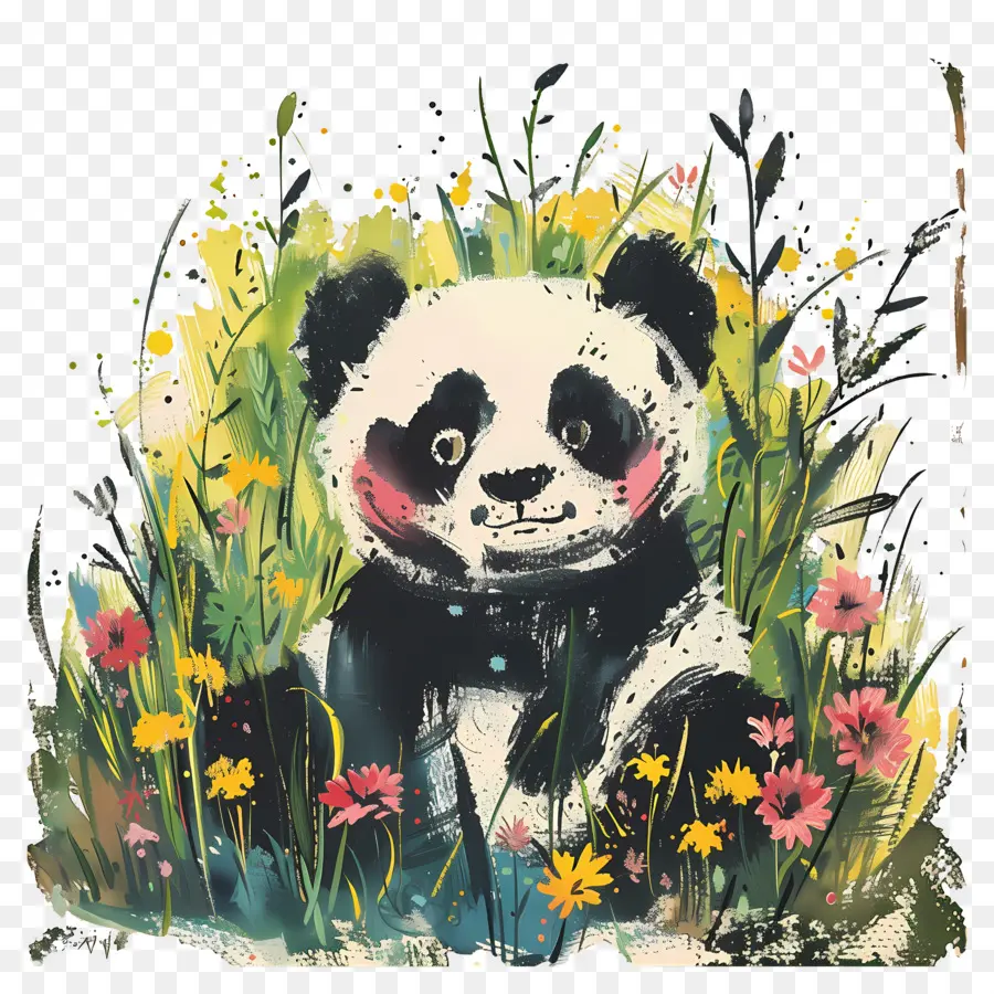 Panda，Panda Com Flores PNG