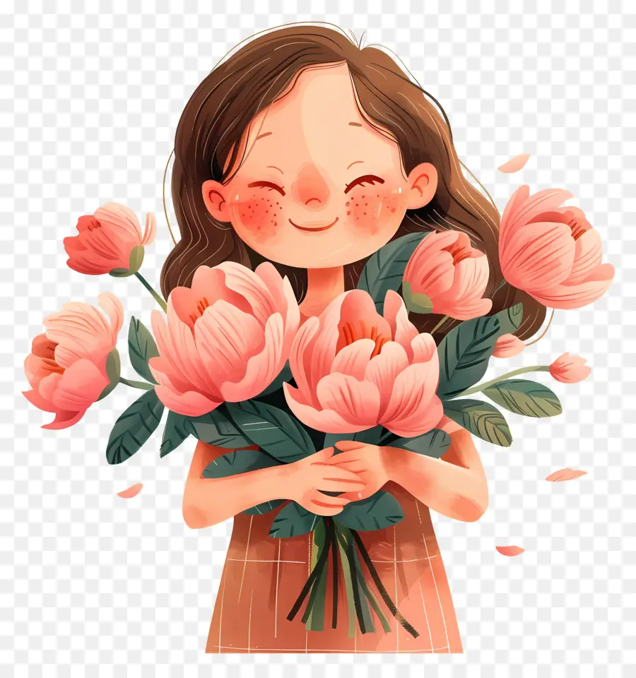 Menina Segurando Buquê，Menina Com Flores PNG