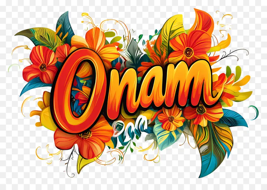 Onam，Texto Onam Com Flores PNG