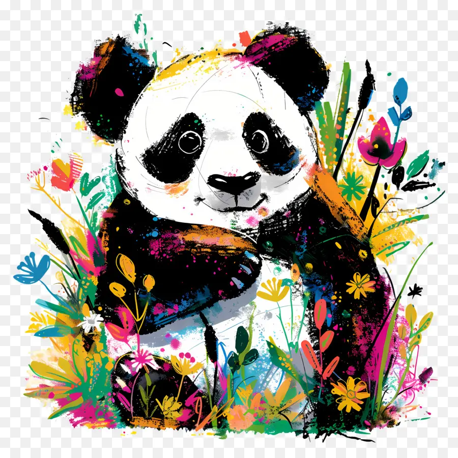 Panda，Panda Com Flores PNG