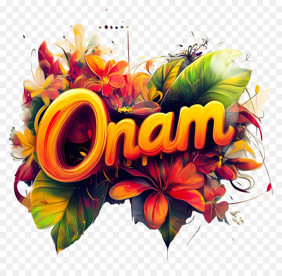 Onam，Texto Onam Com Fundo Floral PNG