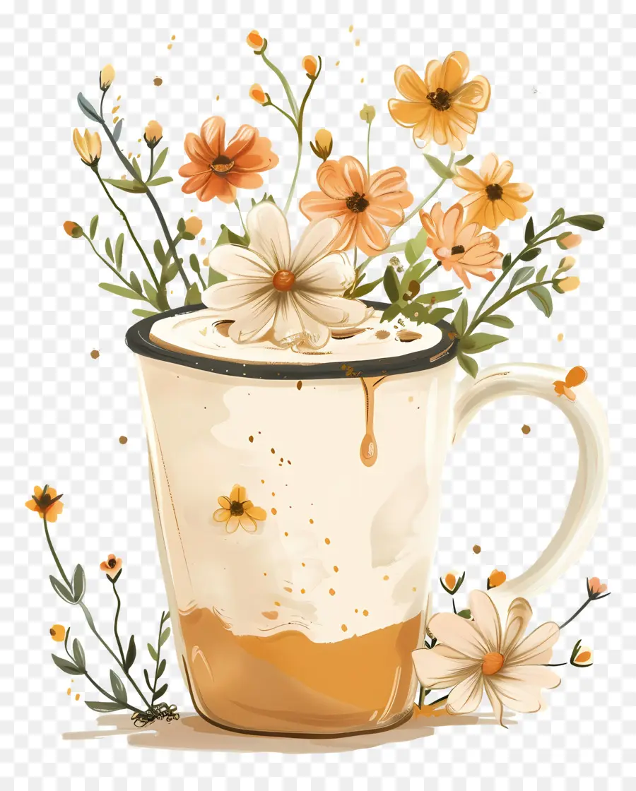 Café Cremoso，Caneca Da Flor PNG